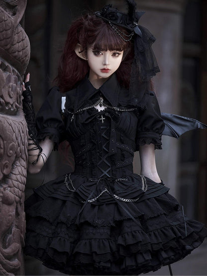 Clearance-Size M for Bust 96CM Black Gothic Chain Details Bolero