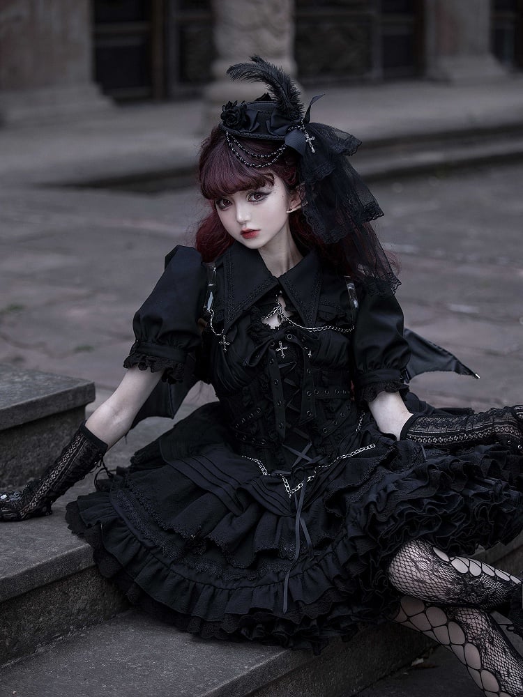 Clearance-Size M for Bust 96CM Black Gothic Chain Details Bolero