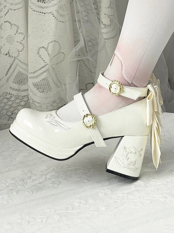 Polished White Detachable Bowknot Lily of the Valley Embroidery Middle Heels Mary Janes