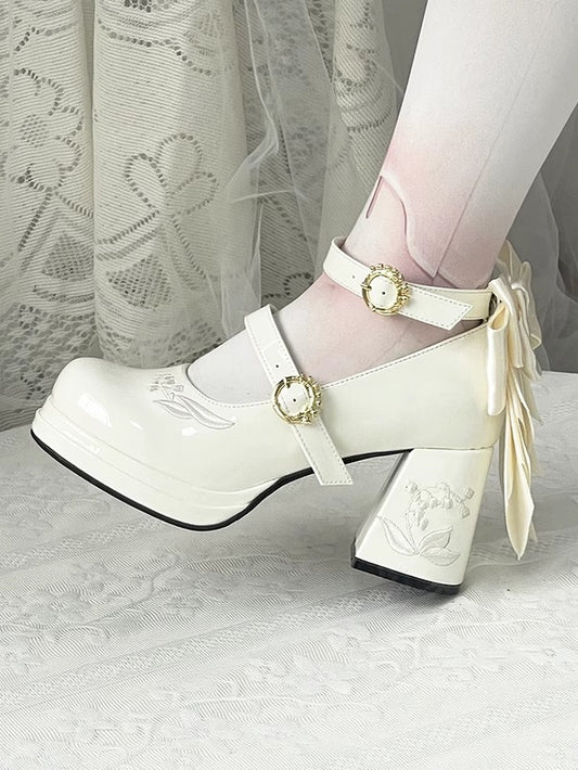 Polished White Detachable Bowknot Lily of the Valley Embroidery Middle Heels Mary Janes