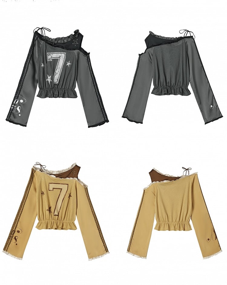 Yellow Asymmetrical Neckline Number Print Blokette Core Punk Top