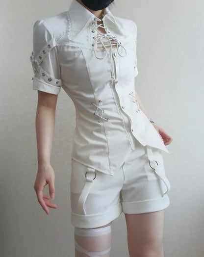White Ouji Lolita Fashion Lace-up Neckline Short Sleeves Shirt