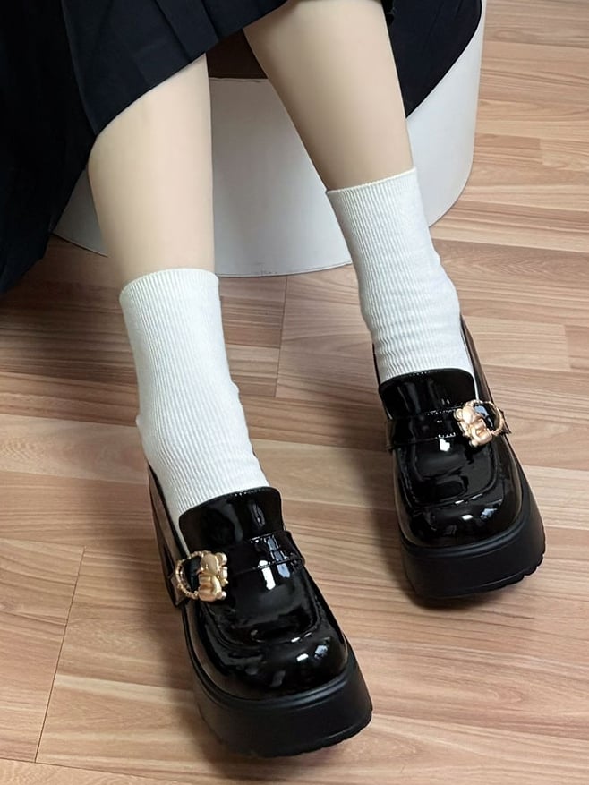 Polished Black Hugging Bear Heart Buckles Platform High Block Heels Slipons