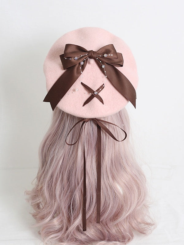 Sweet Lolita Pink Beret With 4-Color Optional Bowknot Ribbon