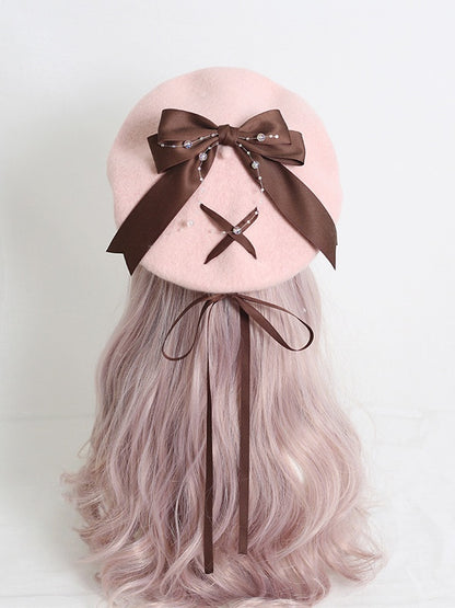 Sweet Lolita Pink Beret With 4-Color Optional Bowknot Ribbon