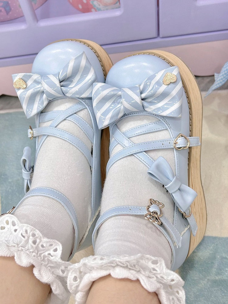 Striped Bow Accents Blue Round Toe Sweet Lolita Platforms Buckle Straps