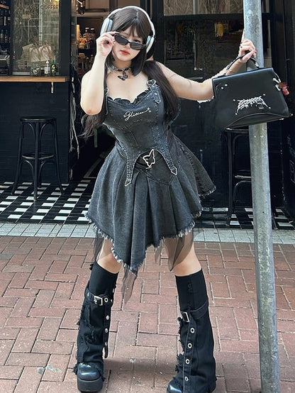 Plus Size Y2K Dark Grey Asymmetrical Hem High Waist Denim Skirt with Free Belts