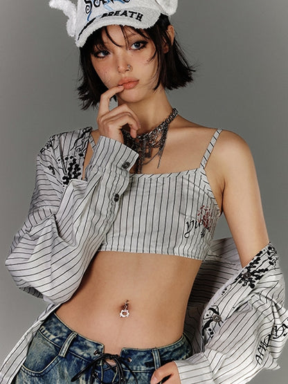 Black & White Stripes Graffiti Distressed Cropped Cami Top