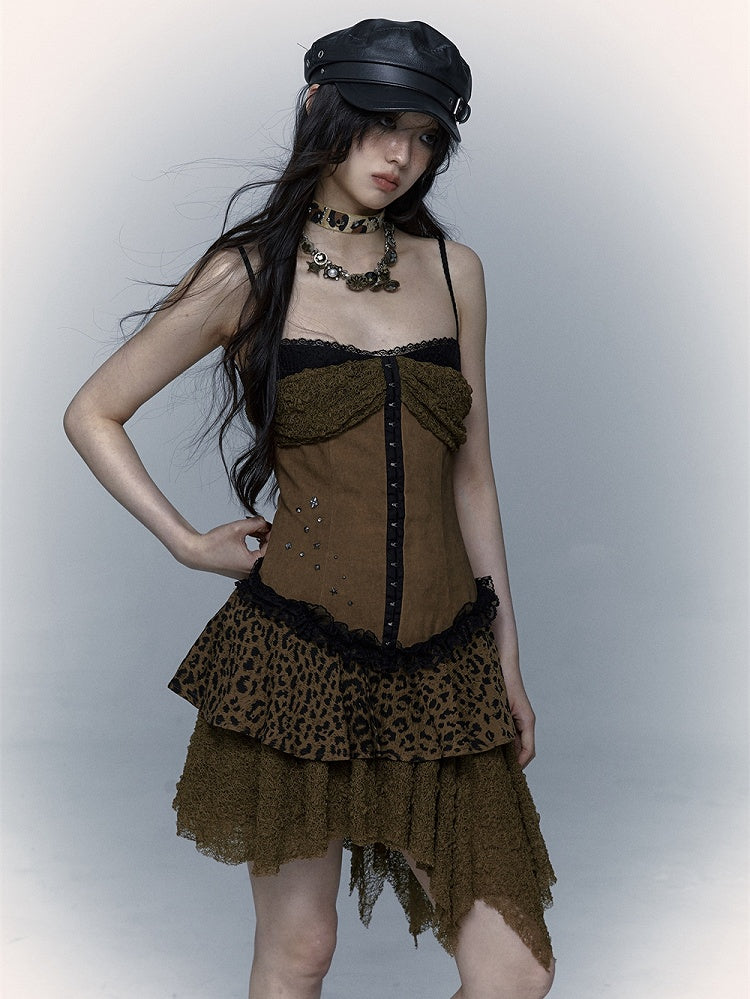 Studs Design Gothic Punk Brown Dropped Waist Asymmetrical Leopard Dress