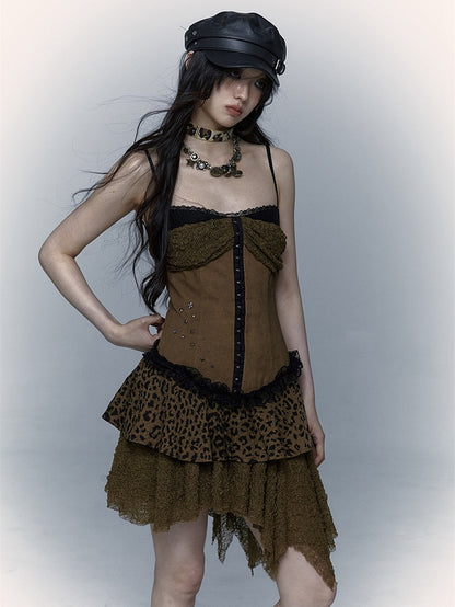 Studs Design Gothic Punk Brown Dropped Waist Asymmetrical Leopard Dress