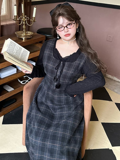 Plus Size Dusty Blue High Waist Plaid Pattern Woolen Overall Dress