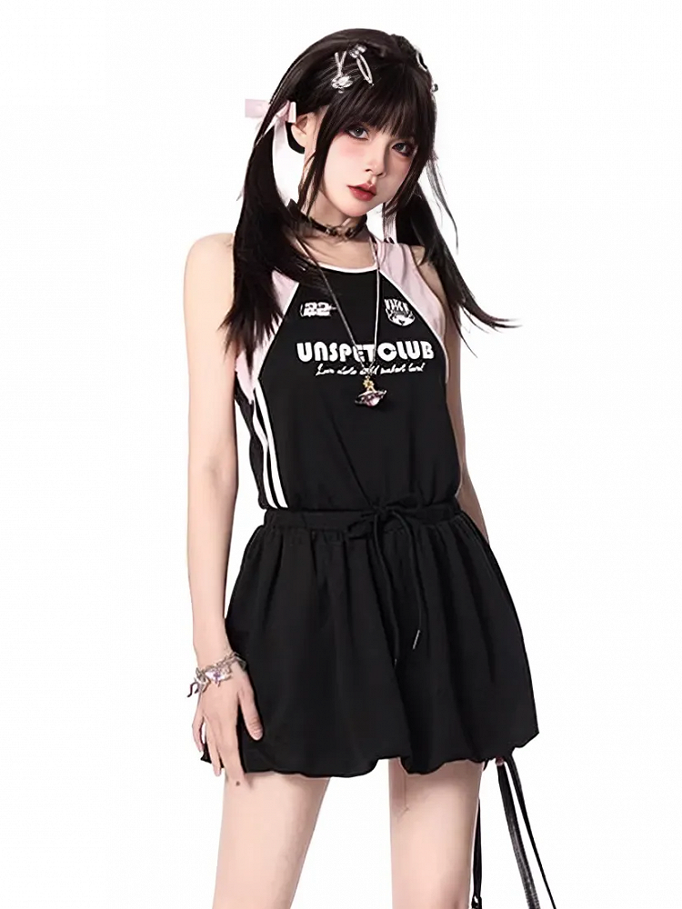 Black and Pink Colorblock Design Blokette Core Sleeveless Dress Bubble Skirt