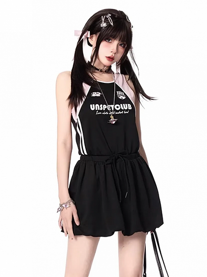 Black and Pink Colorblock Design Blokette Core Sleeveless Dress Bubble Skirt