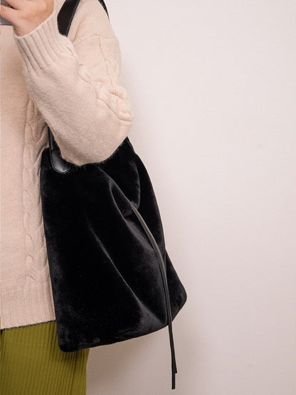 Luxurious Black Plush Shoulder Tote With Drawstring Closure