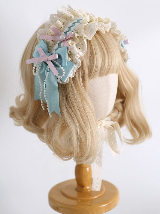 Pink&Blue Sweet Lolita Beaded Decorated Bowknot Details Ruffled Hairband
