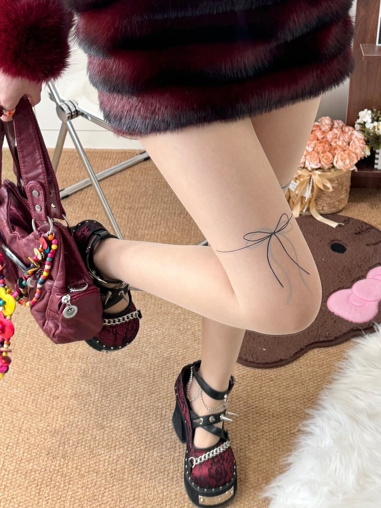 Nude Bowknot Print Tights