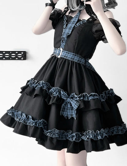 Black and Blue Plaid Cutout Shoulder Tiered Skirt Idol Lolita Dress Full Set