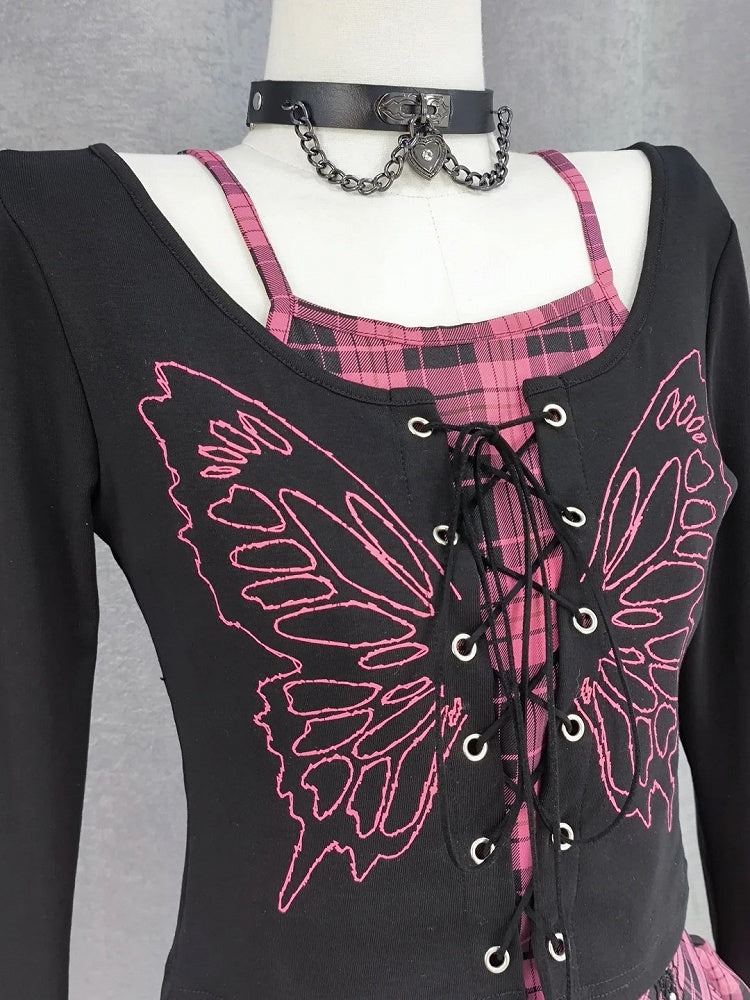 Y2K Lace-up Front Butterfly Print Black and Pink Plaid Top Faux Two-pieces