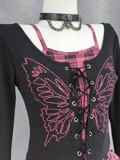 Y2K Lace-up Front Butterfly Print Black and Pink Plaid Top Faux Two-pieces