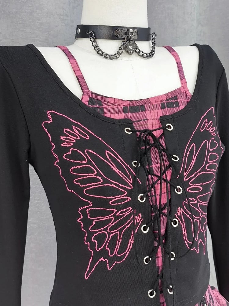 Y2K Lace-up Front Butterfly Print Black and Pink Plaid Top Faux Two-pieces
