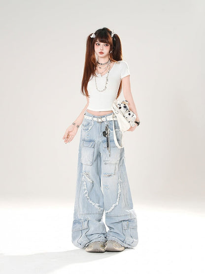 Black/Blue Low Rise Distressed Holes Raw Hem Wide-Leg Cargo Jeans