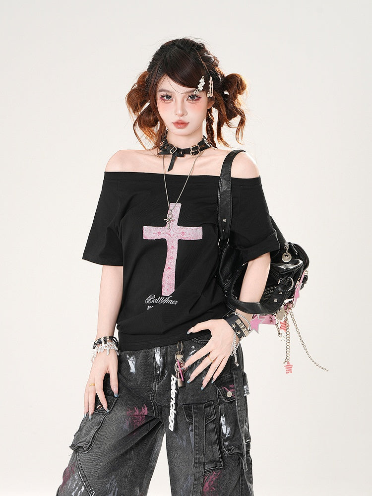 Off-the-shoulder Neckline Cross Print Black/White Loose T-shirt