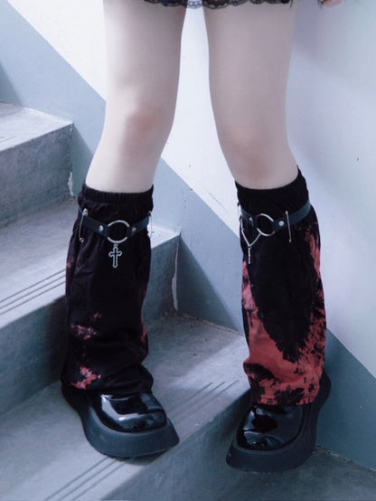 Gothic Black and Red Tie-dyed Asymmetrical Leg Warmers