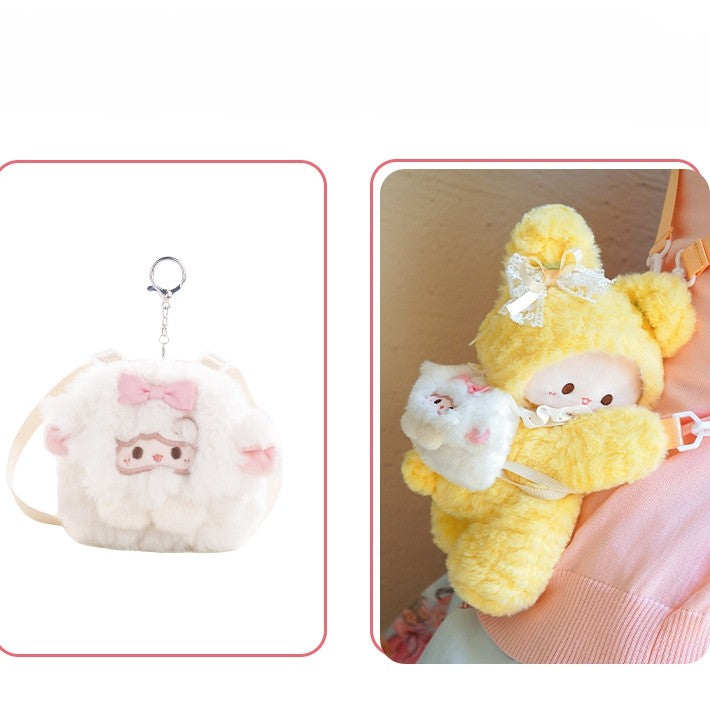 Yellow Rabbit-shaped Bowknot Plush Backpack + 3 Options Keychain Middle/Large Size