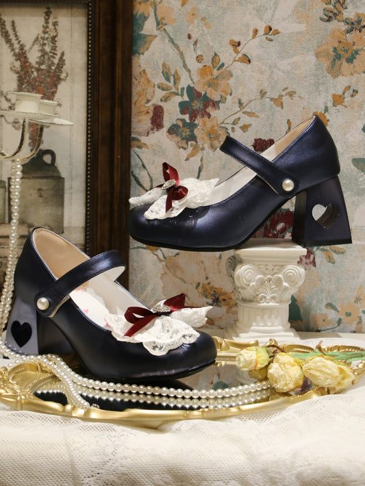Heart-shaped Hollowed Heel Dark Blue Elegant Mary Janes with Lace Bowknot Clips