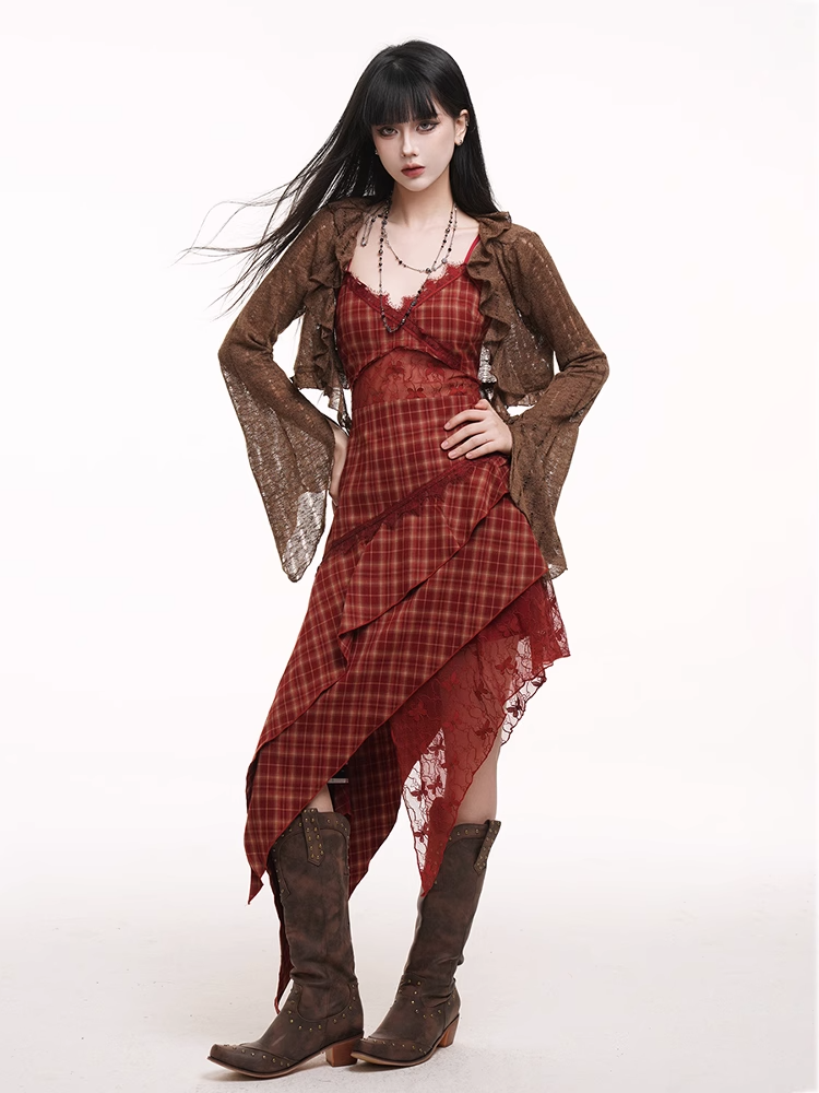 Red Plaid V-neck Handkerchief Hem Cutout Midriff Cami Dress