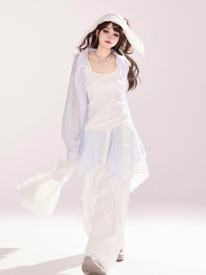 White Low Waist Handkerchief Hem Wide-leg Pants Faux Two-pieces