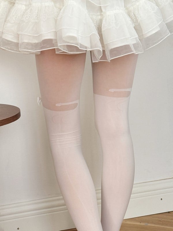 White/Black Lolita Kitty Print Bowknot Details Tights