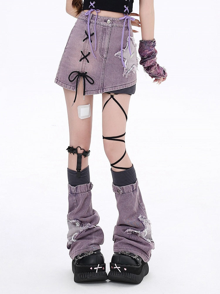 Star Applique Purple High Waist Denim Skirt with Free Leg Sleeves
