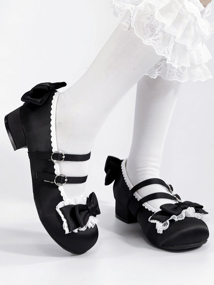 Black Sweet Lolita Low-heel Shoes - Round Toe with Ruffle Lace, Bow Decor & Paired Buckles