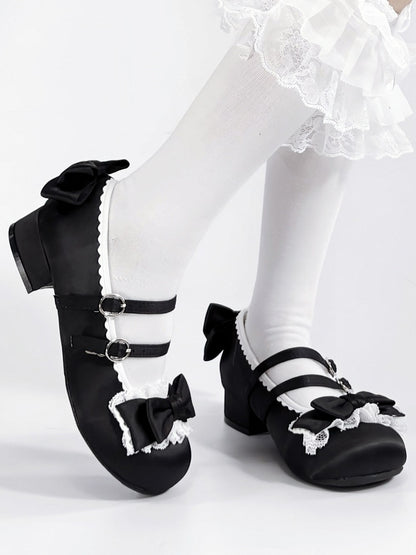 Black Sweet Lolita Low-heel Shoes - Round Toe with Ruffle Lace, Bow Decor & Paired Buckles