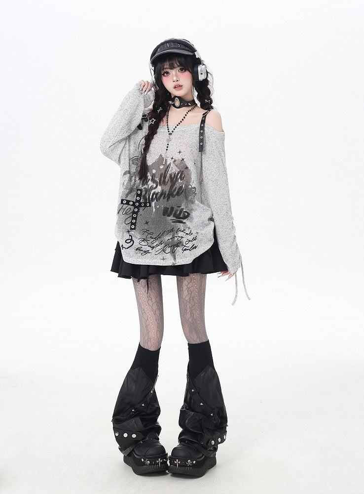 Asymmetrical Neckline Graffiti Print Star Buckles Light Gray/Black Coverup