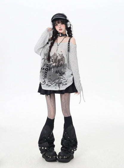 Asymmetrical Neckline Graffiti Print Star Buckles Light Gray/Black Coverup