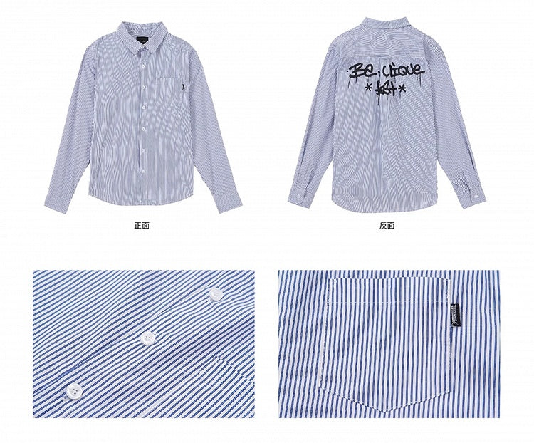 Black Graffiti Letters Blue and White Striped Preppy Unisex Shirt