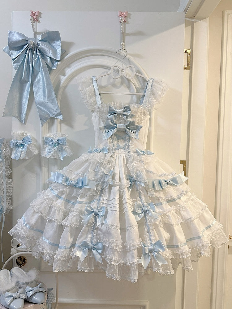 White and Blue Sweet Bow Accents Princess Lolita Jumper Skirt