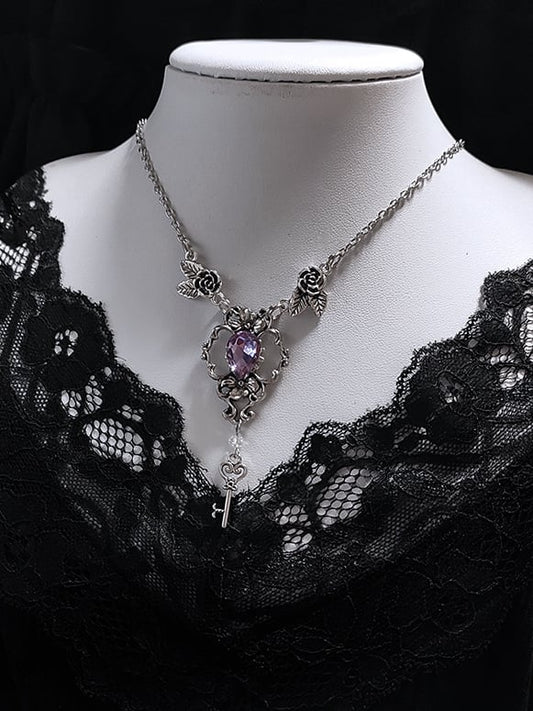 Purple Rhinestone and Key Pendant Gothic Silver Rosettes Necklace