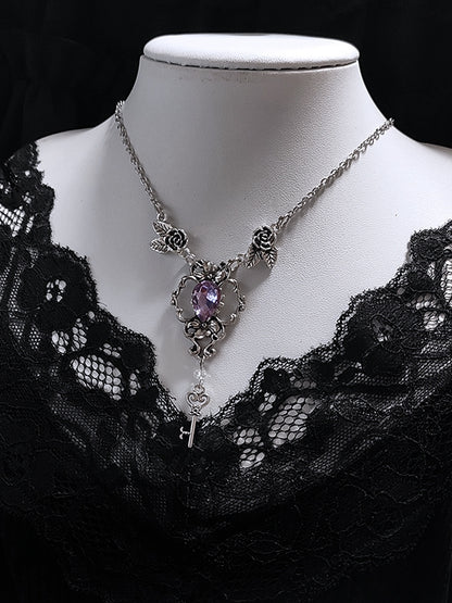 Purple Rhinestone and Key Pendant Gothic Silver Rosettes Necklace