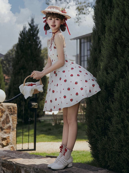 Summer Strawberry and Polka Dots Print Sun Dress White Sweet Lolita JSK