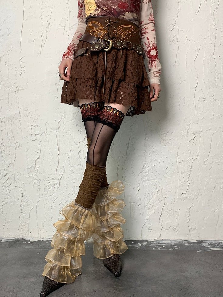 Brown Wasteland Punk Multi-layered Lace Trim Leg Sleeves