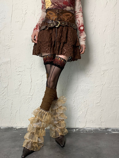 Brown Wasteland Punk Multi-layered Lace Trim Leg Sleeves