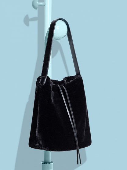 Luxurious Black Plush Shoulder Tote With Drawstring Closure