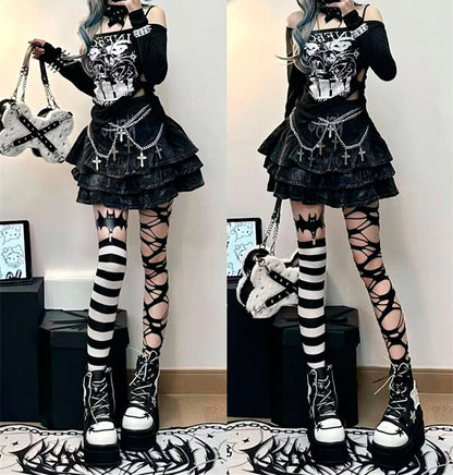 Star Appliques Punk Black Denim Platform Ankle Boots