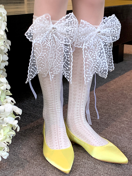 White/Pink/Yellow/Blue Lace Bowknot With Rhinestone Charm Socks