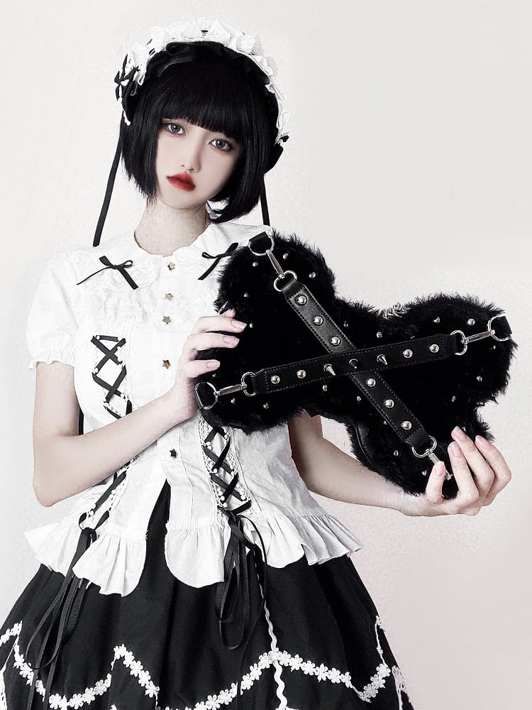 Black Punk Y2K Bone-Shaped Fleece Bag With Studded Crisscross Straps