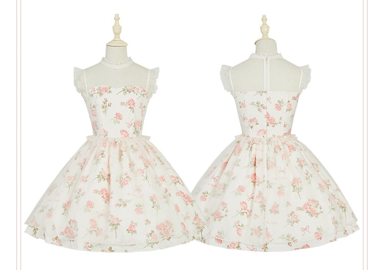Pink Rosette Print White Illusion Neckline Summer Lolita Dress