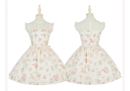 Pink Rosette Print White Illusion Neckline Summer Lolita Dress